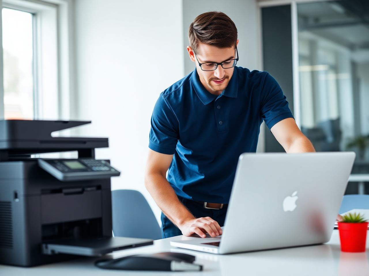 Professional printer support technician troubleshooting in a modern office